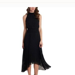NWT 1.STATE Pleated Halter Midi Dress Black Asymmetrical Large Evening Party